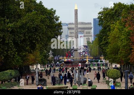 long view of Luxor Obelisk and Arc de Triomphe  Paris France Stock Photo