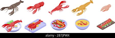 Lobster icons set, isometric style Stock Vector