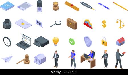 Notary icons set, isometric style Stock Vector