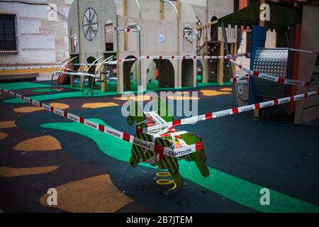 A playground is closed in Malaga, Spain due to the COVID-19 aka Coronavirus outbreak. Stock Photo