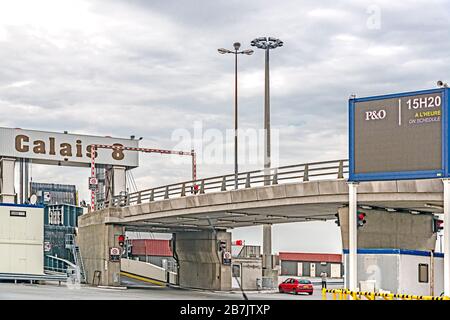 Port of Calais (France) with docking points for ferries; Fähranleger im Hafen von Calais (Frankreich) Stock Photo