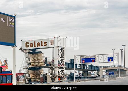 Port of Calais (France) with docking points for ferries; Fähranleger im Hafen von Calais (Frankreich) Stock Photo