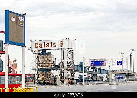 Port of Calais (France) with docking points for ferries; Fähranleger im Hafen von Calais (Frankreich) Stock Photo