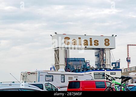 Port of Calais (France) with docking points for ferries; Fähranleger im Hafen von Calais (Frankreich) Stock Photo