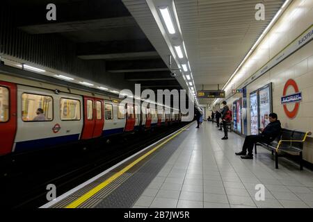 London, UK. 16th March 2020.Passenger numbers on the London Underground have declined during the coronavirus outbreak, Transport for London (TfL) has said. As of 2 March, the number of people using the Tube dropped by 19% compared to the same week in 2019. Data also showed a 10% drop in London bus riders. Stock Photo