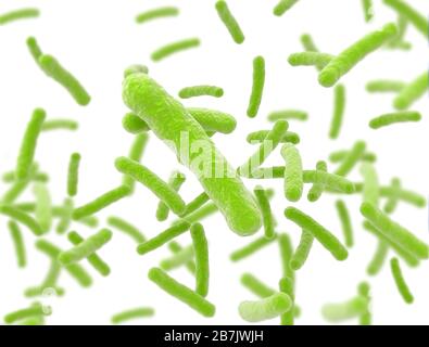Green bacteria cells flowing isolated on white background. 3d illustration Stock Photo