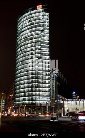 18 JANUARY 2020: BERLIN: Night view of the BahnTower, built between 1998 and 2000, r the headquarters of Deutsche Bahn Stock Photo