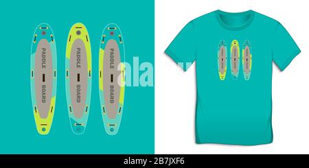Print on t-shirt graphics art design, Paddle board, inflatable surf, surfboard colored, isolated on background vector Stock Vector