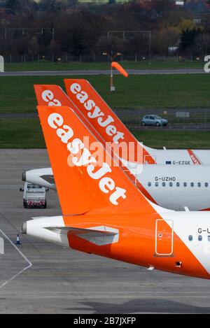 easyJet have cancelled all of their scheduled services from Spain due to COVID-19 Coronavirus. The final arrivals from Spain at Southend Airport Stock Photo