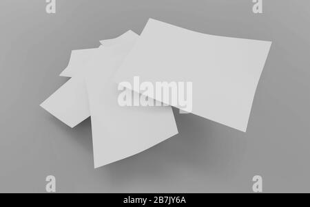 exploding pile of white din a4 paper sheets flying isolated on grey to replace your design 3d render illustration Stock Photo