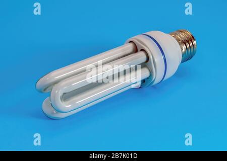Compact fluorescent energy saving light bulb isolated on the blue background. Stock Photo