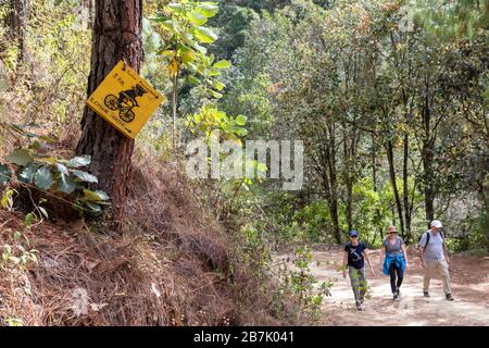 Latuvi, Oaxaca, Mexico - Tourists hike on a trail between La Neveria and Latuvi, two towns in the Sierra Norte mountains. The villages are part of Pue Stock Photo