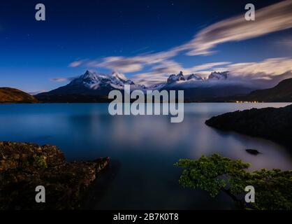 NATIONAL PARK TORRES DEL PAINE, CHILE - CIRCA FEBRUARY 2019: Night over Lake Pehoe in Torres del Paine National Park, Chile. Stock Photo