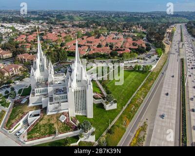 Aerial view of The San Diego California Temple, the 47th constructed and 45th operating temple of The Church of Jesus Christ of Latter-day Saints. San Diego, California, USA. February 13, 2020 Stock Photo