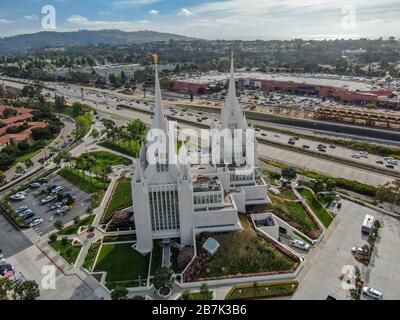 Aerial view of The San Diego California Temple, the 47th constructed and 45th operating temple of The Church of Jesus Christ of Latter-day Saints. San Diego, California, USA. February 13, 2020 Stock Photo