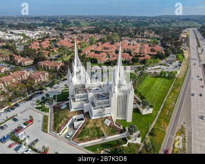 Aerial view of The San Diego California Temple, the 47th constructed and 45th operating temple of The Church of Jesus Christ of Latter-day Saints. San Diego, California, USA. February 13, 2020 Stock Photo