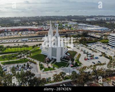 Aerial view of The San Diego California Temple, the 47th constructed and 45th operating temple of The Church of Jesus Christ of Latter-day Saints. San Diego, California, USA. February 13, 2020 Stock Photo