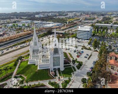 Aerial view of The San Diego California Temple, the 47th constructed and 45th operating temple of The Church of Jesus Christ of Latter-day Saints. San Diego, California, USA. February 13, 2020 Stock Photo