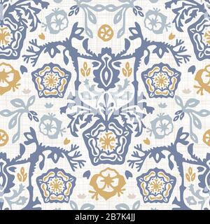 French shabby chic damask vector texture background. Antique white yellow blue flourish seamless pattern. Hand drawn floral interior wallpaper home Stock Vector