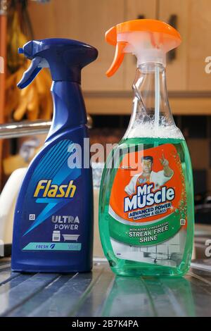 Spray Bottle Of Mr Muscle Kitchen Cleaner Stock Photo - Alamy