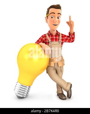3d handyman leaning against light bulb, illustration with isolated white background Stock Photo