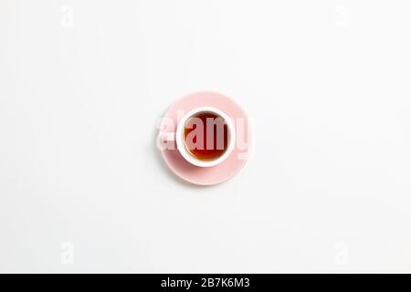 Cup of black tea on white background. Flat lay, top view, copy space Stock Photo