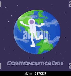 cartoon Cosmonautics day 12 April card. Astronaut flying in space around the Earth. Cpace e ploration concept. Stock vector illistration in flat style Stock Vector