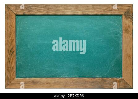 Blank green chalk board with wooden frame, isolated on white background. Chalkboard surface texture with sharp detailed grainy chalk dust. Vintage loo Stock Photo