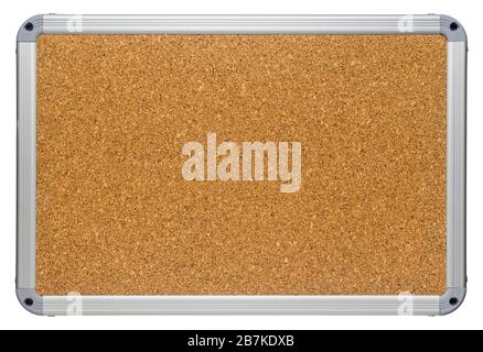 Clean corkboard with modern looking metallic color plastic frame. Sharp detailed blank cork board surface texture. Isolated on white background. Stock Photo