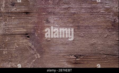 Weathered dirty wood texture, macro shot. Old brown wood surface with horizontal lines, stains, nail holes and sand particles. Wooden background image Stock Photo