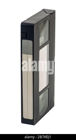 VHS video cassette with blank sticker, isolated on white background. Old popular video technology from 1980s and 1990s. Stock Photo