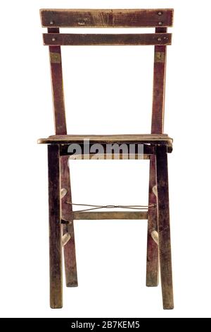 Old wooden chair isolated on white, front view. Obsolote wooden chair. Stock Photo