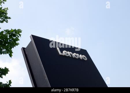 --FILE--The façade of headquarter of Lenovo, a Chinese multinational technology company,  Beijing, China, 8 August 2019. *** Local Caption *** fachaos Stock Photo