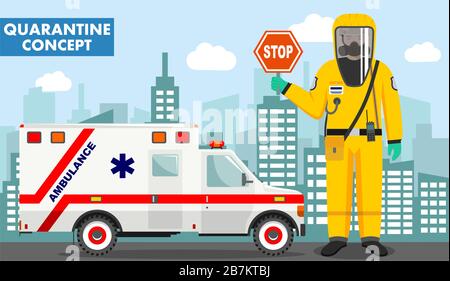 Quarantine and medical concept. Detailed illustration of emergency doctor in protective suit and mask near ambulance car on background with cityscape Stock Vector