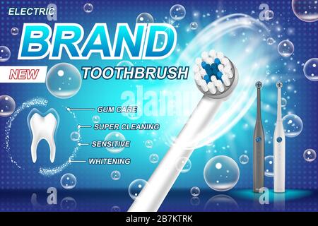 Electric toothbrush ads. Tooth model and product package design concept. vibrant toothbrush with different cleaning programs. 3d Vector illustration. Stock Vector
