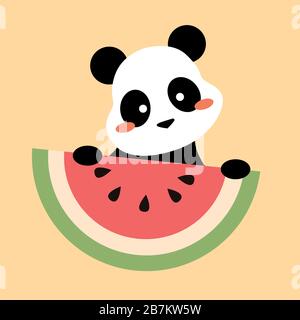 Vector flat cartoon cute panda with watermelon Stock Vector