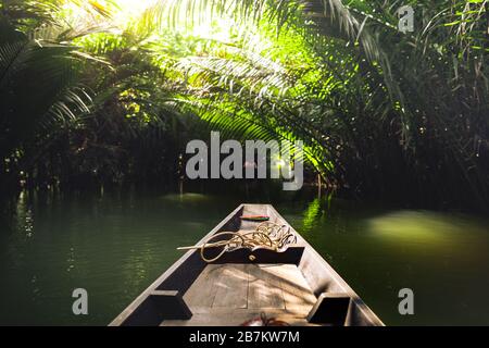 Travel on a wooden boat in the floating market.Bang Bai floating market Stock Photo
