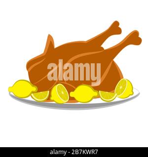 Fried chicken with lemons isolated white background. Stock Vector