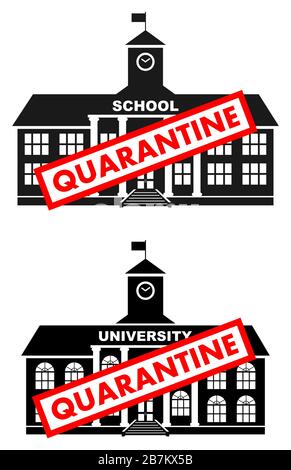 Virus concept. Quarantine sign on the background of classical school building, university, college isolated on white background. Banner, backdrop Stock Vector