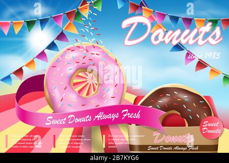Delicious donut ads with flying flavor. Strawberry and chocolate donuts on blue background. Vector illustration Stock Vector