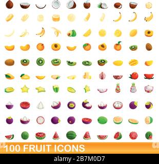 100 fruit icons set. Cartoon illustration of 100 fruit icons vector set isolated on white background Stock Vector