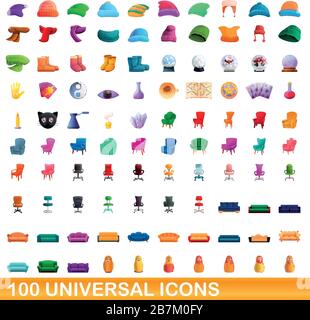 100 universal icons set. Cartoon illustration of 100 universal icons vector set isolated on white background Stock Vector