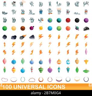 100 universal icons set. Cartoon illustration of 100 universal icons vector set isolated on white background Stock Vector