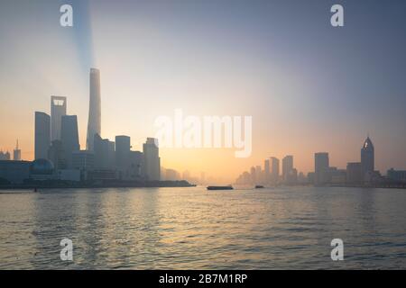 Skyline of Pudong at sunrise, Shanghai, China Stock Photo