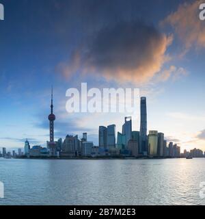 Skyline of Pudong at sunrise, Shanghai, China Stock Photo
