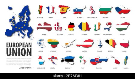 European union . EU . Set of flat design country map and national flag of member with shadow . White isolated background . Vector . Stock Vector