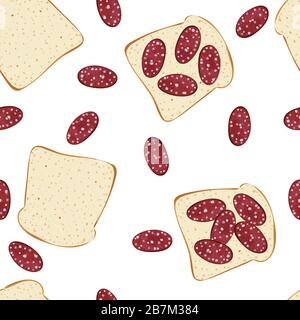 Bread, sausage and sandwiches. Vector illustration. Seamless pattern background. Stock Vector