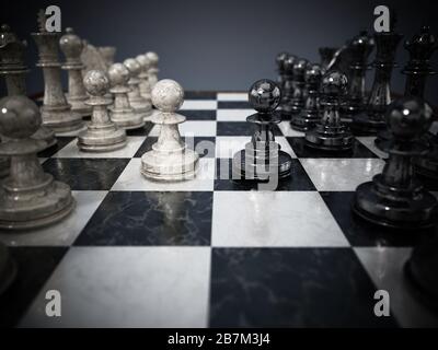 Chessboard with black and white pawns facing each other. 3D illustration. Stock Photo