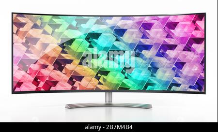 Ultrawide LED monitor with abstract background isolated on white background. 3D illustration. Stock Photo
