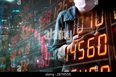 Tourism problem economy form corona virus outbreak concept. A tourist woman with business stock graph down. She paranoid world of economy finance stoc Stock Photo